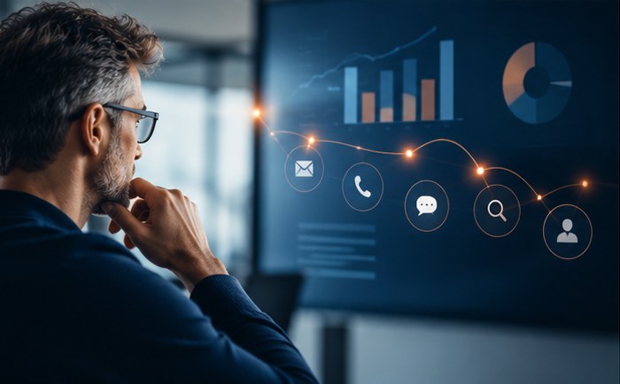 Analyste devant un parcours multicanal : email, téléphone, messagerie, recherche